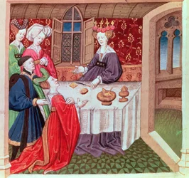 Isolde pleading with Queen Guinevere for protection, Roman du Chevalier Tristan