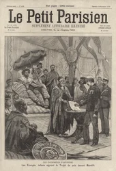 Italian envoys signing the peace treaty to end the First Italo-Ethiopian War before Emperor Menelik II of Ethiopia