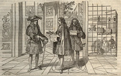 Jean Baptiste Colbert (Jean-Baptiste) (1619-1683) in a meeting with King Louis XIV and Francois Louvois (1641-1691) in Versailles - engraving after Leclerc