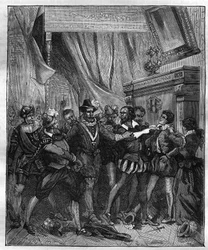 Jean Chastel (Jean Chatel) (1575-1594) after the attempt to assassinate King Henry IV of France on 27 December 1594. Engraving of the 19th century.