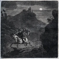 Jean de Laval Comte de Chateaubriant fled to England after having murdered his wife Francoise de Foix, Countess of Chateaubriant. Engraving from 1871 in 