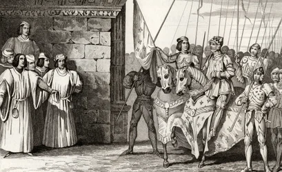 Joan of Arc (1412-31) arrives at Rheims in 1429 to attend the coronation of Charles VII (1403-61), from 