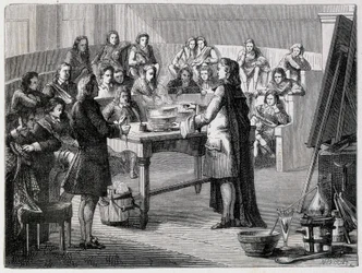 Joseph Black (1728 - 1799), British chemist and physicist, experiences the latent caloric before the students of the University of Glasgow