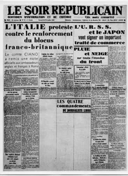 Journalism. Press Censorship During the War: White Columns for the Article Entitled The Four Commandments of the Free Journalist. The Headlines: Italy Protests Against the Strengthening of the Franco-British Blockade, the USSR and Japan Will Sign an i