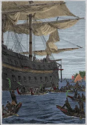 Journey of Samuel Wallis (1728-1795) to Polynesia: Indigenous People Holding Banana Branches in Hand as a Welcome Greeting - Illustration Taken from 