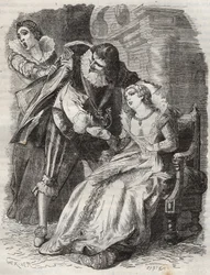 Jumping like a furious, grabbing the duke by his coat... Queen of France Anne of Austria and the Duke of Buckingham