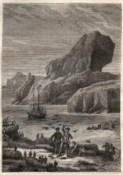 Kerguelen Islands. Illustration for The Great Navigators of the Eighteenth Century by Jules Verne - James Cook at the Kerguelen Islands in 1776 (archipelago of Kerguelen or Iles de la Desolation) - in The Voyageurs of the 18th and 19th Century