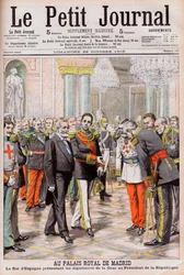 King Alfonso XIII of Spain presenting his court to President Emile Loubet of France at the Royal Palace in Madrid. Illustration for Le Petit Journal