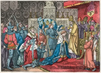 King Charles VII (1403-1461) receives the crown in Reims Cathedral on 17/07/1429 in the presence of Joan of Arc (1412-1431) - Joan of Arc takes part in the coronation ceremony of Charles VII in Reims on 17 July 1429 - Engraving from the end of the 19th