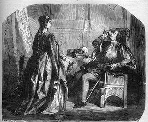 King Charles VI of France, known as Charles the Beloved, then Charles the Mad (1368-1422) with his mistress Odinette (Odette) de Champdivers. Engraving in 