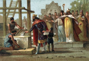 King Dagobert I (600-639) overseeing the construction of the Cathedrale Saint Denis.
