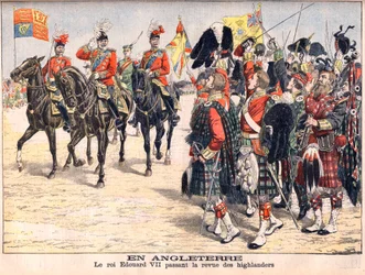 King Edward VII reviewing Highland troops. In England. King Edward VII (1841-1910) passing the review of highlanders. Illustration for Le Petit Journal, 8 October 1905