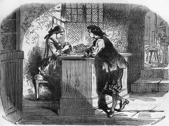 King Louis XI (1423-1483) ordered for his mistress the Lady of Gigon a magnificent adornment at the jeweller Madame Passefilon. Engraving in 