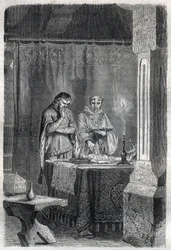 King of France Charles V the Wise consulted the soothers. Engraving in 