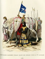 Knight banneret praying before his departure for the second crusade. Colour engraving, in France et les francais a travers les siecles by Augustin Challamel, F.Roy editor, Paris 1882.