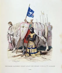 Knight banneret praying before his departure for the 2nd crusade - engraving