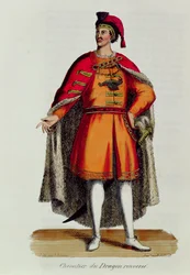 Knight of the Hungarian Order of the Dragon Overturned, illustration from Histoire et Costumes des Ordres Monastiques by Pierre Helyot, 1842