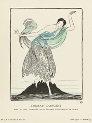 The Silver Bird. Evening Dress, composed of a scarf enveloping the bust from La Gazette du Bon Ton, pub. 1914