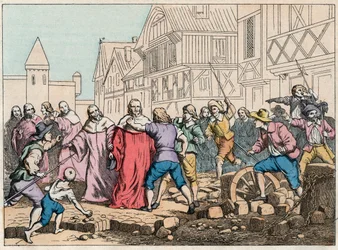 La Fronde (27 August 1648) - barricades in Paris: a rotor boy threatening the President of Parliament, Mathieu Mole (1584-1656) - President Mole manhandled by insurgents - Engraving of the end of the 19th century in 
