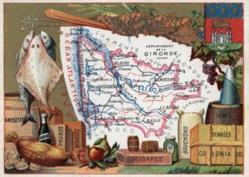 La Gironde (33), Aquitaine, France. Local speciality: fish, anisette, Bordeaux wine, plums, candles, cigars, corks and colonial food. Series on the French Departments. Chromolithography 