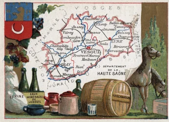 La Haute-Saone, Franche Comte, France. Flour, Luxeuil Minerales, kirschwasser. Series on the French Departments. Chromolithography the geographic thread, circa 1920. Private collection