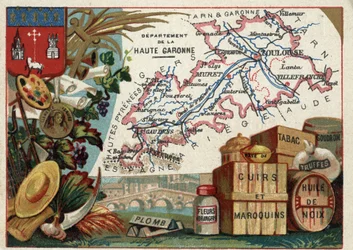 La Haute Garonne, Midi-Pyrenees, France. Local speciality: lead, orange blossoms, paste, leather and leather goods, tobacco, walnut oil, tar and truffles. Series on the French Departments. Chromolithography the geographic thread, circa 1920. Private collec