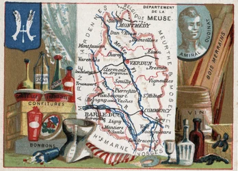 La Meuse, Lorraine, France. Portrait of Admiral Oudinat (rather Nicolas Charles Marie Oudinot, Duke of Reggio 1767-1847), Marshal of Empire. Local speciality: gooseberry and Frambois liqueur, sweets, wine and merrains woods. Series on the French Department