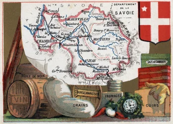 La Savoie (73), Rhone Alpes (Rhone-Alpes), France. Series on the French Departments. Local speciality: walnut oil, wine, grains, kirschwasser (kirsch), cheese, chambery gauze and leather. Chromolithography 