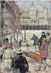 The frozen Seine, near the iron bridge built for the universal exhibition, next to the Pont des Invalides, winter 1899. Engraving in 
