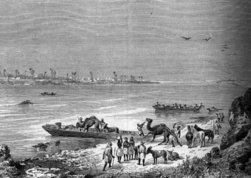 Lake Niger in the city of Sai, Africa. Engraving in 