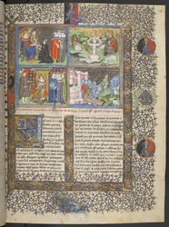Miniatures including detail of knights in helmets with visors on a drawbridge defending a city from attacking knights with spears