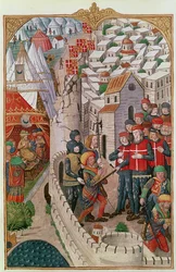 The execution of the two Turks who had infiltrated Rhodes and conspired to poison the commander of the garrison in 1480, from A History of the Siege of Rhodes, by Guillaume Caoursin, 148