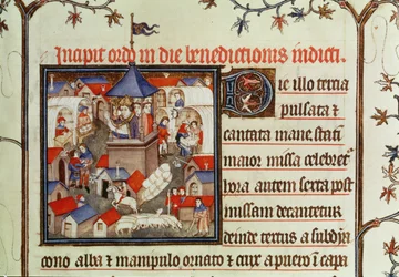 Miniature of a bishop blessing the annual fair or market held for two weeks in June on the plains of St. Denis, from a pontifical, 1301-1400