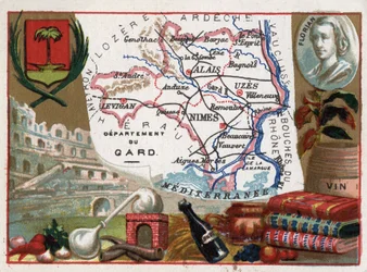 Le Gard (30), Languedoc-Roussillon (Languedoc Roussillon), France - Local speciality: eau de vie (distillation apparatus) and wine - Portrait of Jean-Pierre-Claris de Florian (1755-1794) - Series on the French Departments - Chromolithography