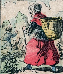 Le Pere Fouettard, French character for the whipping father, legendary figure of folklore punishing the naughty children: his wife, La Mere Fouettard the whipping mother who pursues the children skipping school - Epinal picture