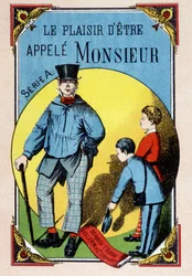 The Pleasure of Being Called Monsieur: children greeting a worker in a blouse with top hat, image of Epinal, 19th century