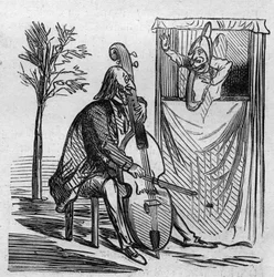 The maestro Offenbach with his music in all the theaters of Paris. The German composer naturalized French Jacques Offenbach (1819-1880) playing the cello. Caricature by Cham. Engraving in 