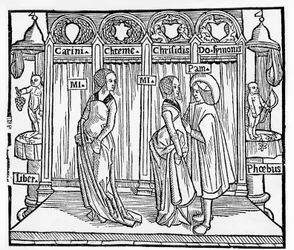 Theatre in the Middle Ages: Three Characters on Stage - Engraving by Terence de Jean Trechsel, ed. in Lyon