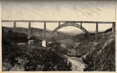 The viaduct of Garabit - Cantal - Auvergne-Rhone-Alpes - engraving in 