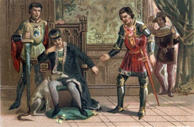 League of Public Good: King Louis XI meets Charles the Bold in Peronne, Duke of Burgundy. Chromolithography around 1890