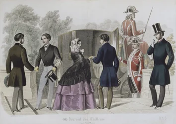 Leaving for a ride in a cab, illustration from Le Journal des Tailleurs, 1856