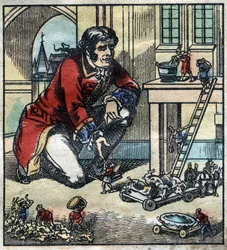 Lemuel Gulliver adviser of the army of Lilliput. Illustration for "Gulliver