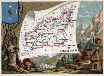 Les Basse Alpes, Today department of the Alpes-de-Haute-Provence, France. Local speciality: hunting, wax, honey, dried fruits and oil. Series on the French Departments. Chromolithography 
