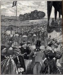 Les courses de lyon (racetracks de Lyon) - after the grand prix - engraving in “Le Progres illustrious” of 1895