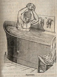 The gestures of the bath - Hygiene in the 19th century - man in a bathtub - engraving in "La Sante Universelle - Guide Medical des Familles" 1852