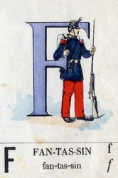 Letter F as infantryman. Military alphabet. Imaging of Epinal, circa 1870-1880. Stencil-coloured woodcuts