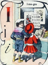 Letter I: images. Engraving in "ABC des joux pour petits boys". Late 19th century
