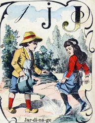 Letter J: Gardening. Engraving in "ABC des joux pour petits boys". Late 19th century