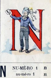 Letter N as number 1. Military alphabet. Imaging of Epinal, circa 1870-1880. Stencil-coloured woodcuts