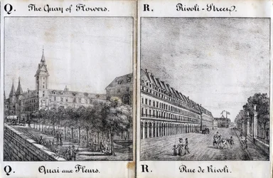 Letter Q and A: The flower dock and the street of Rivoli - Alphabet Picturesque des Monumens de Paris c.1840 (engraving)